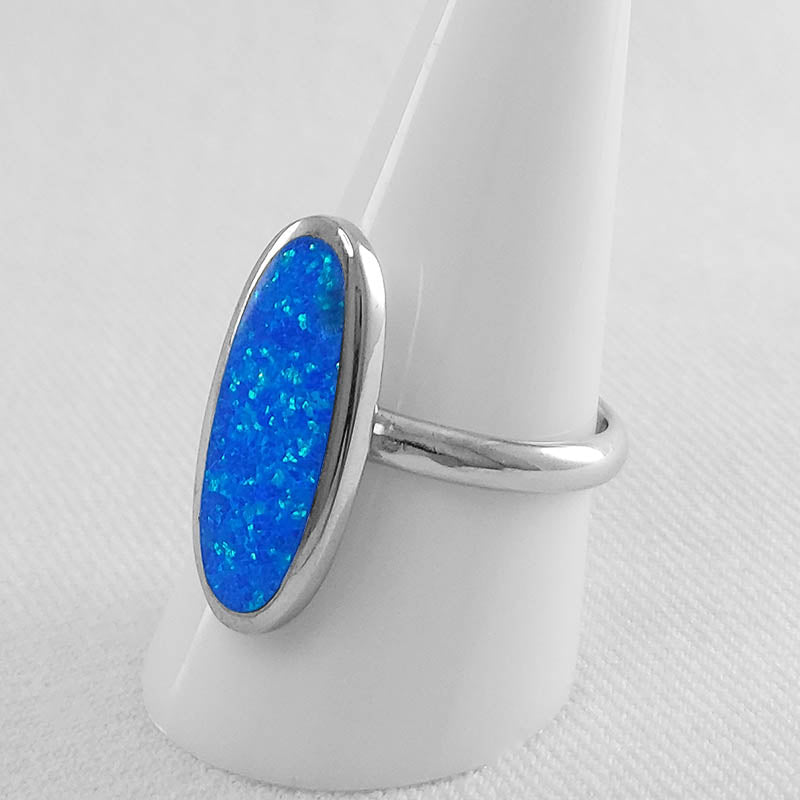 sterling silver opal ring - large blue opal stone