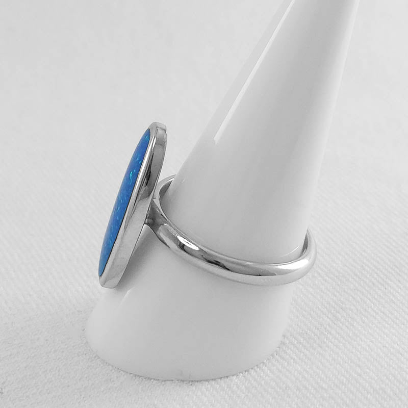 sterling silver opal ring - large blue opal stone