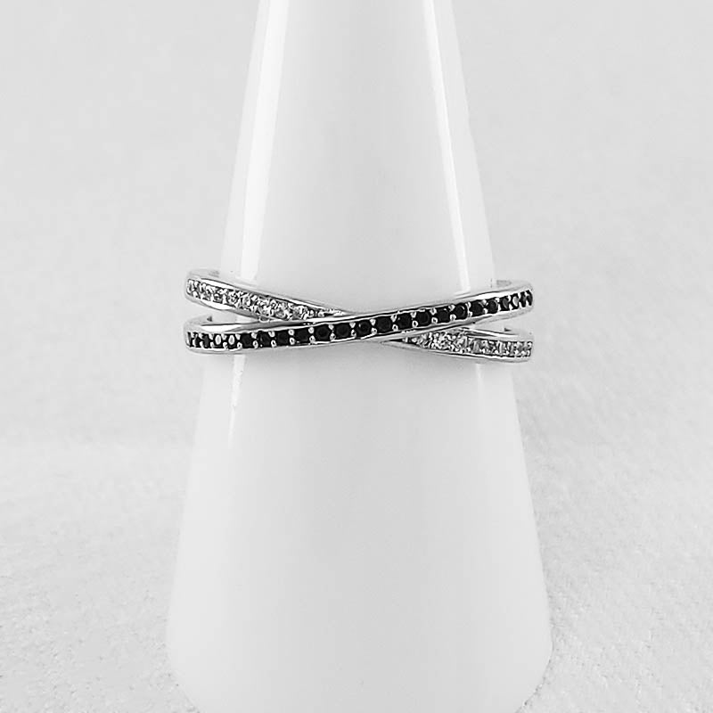 Sterling Silver Band Ring with Black and Clear Cubic Stones