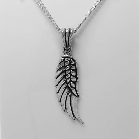 Large sterling silver angel wing pendant with a silver chain