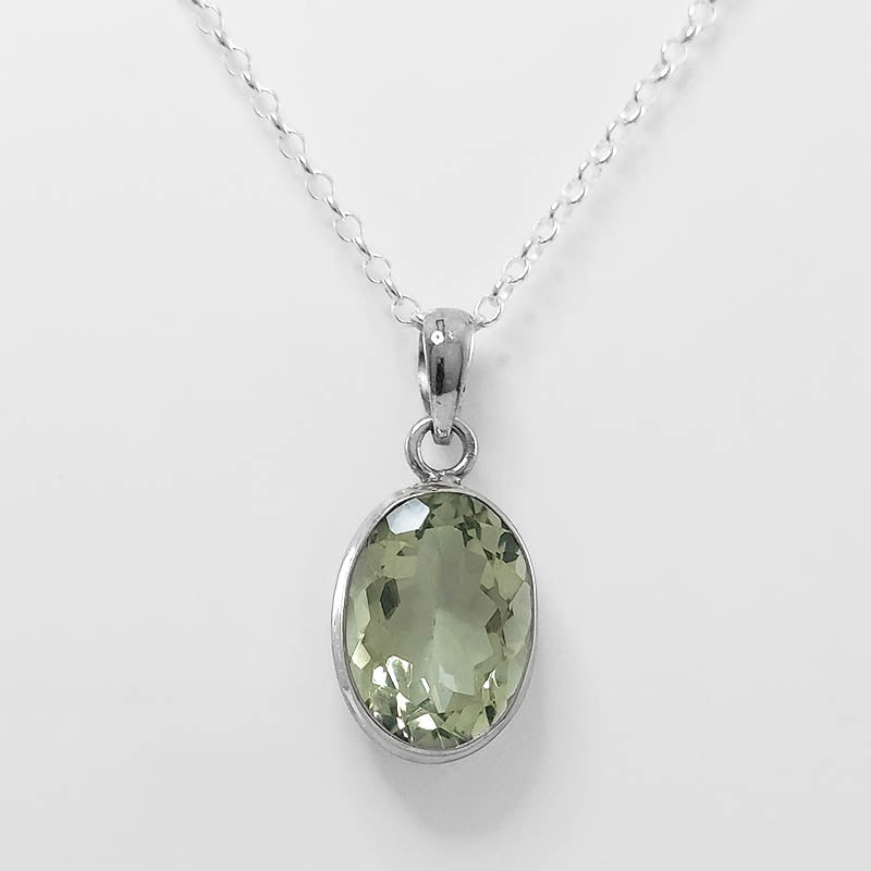 Oval Green Amethyst Pendant with a silver chain