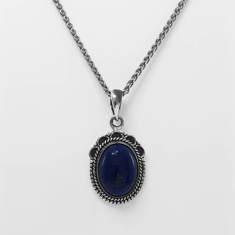 Oval Lapis Lazuli Pendant with a silver wheat chain
