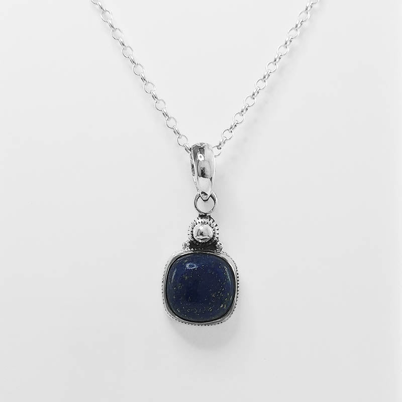 Square Lapis Lazuli Pendant with a silver chain.