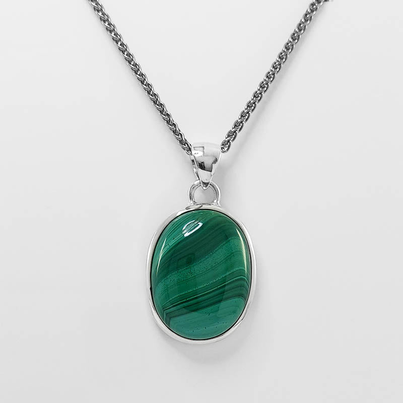 Oval Malachite Pendant with a silver wheat chain