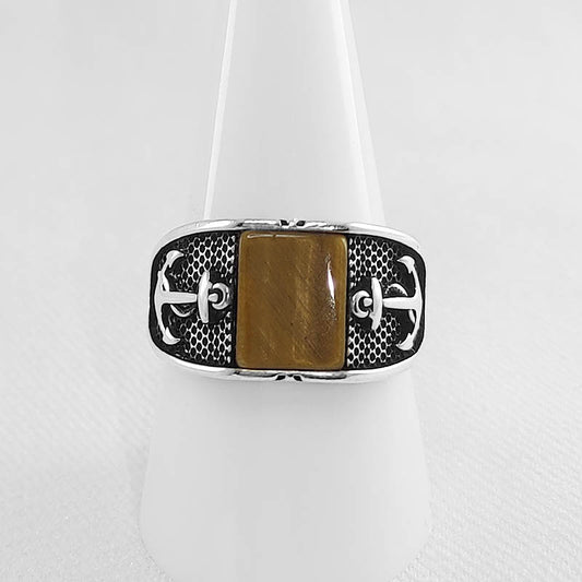 Sterling Silver Rectangle Tiger's Eye Stone Ring For Men