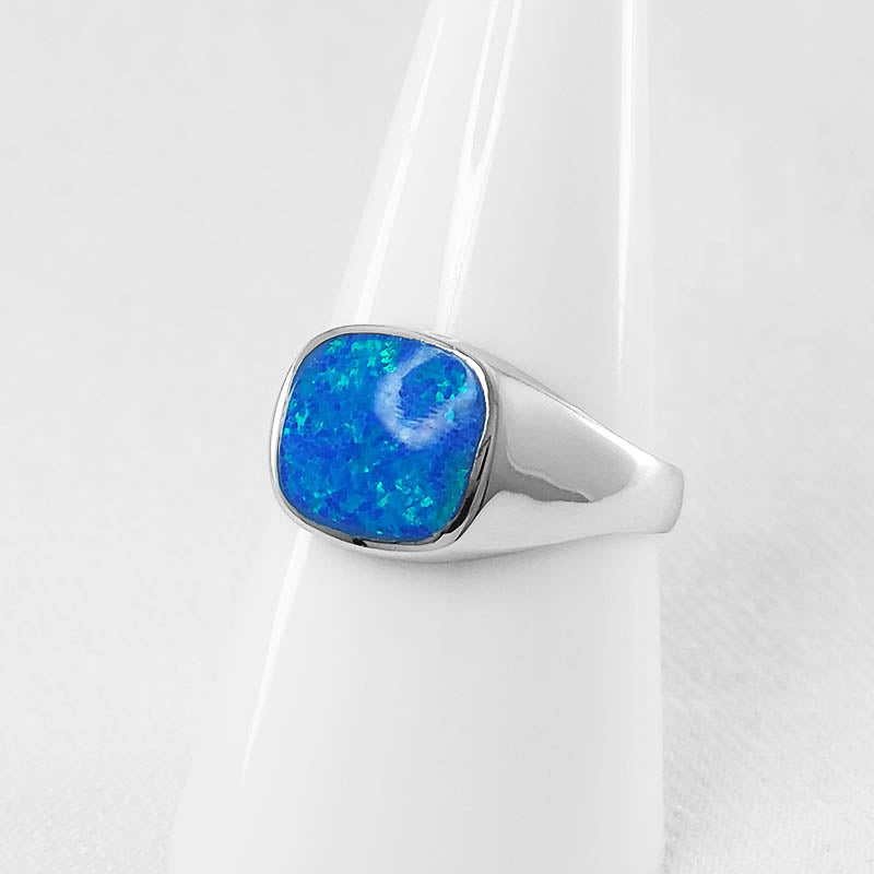 Blue Crushed Opal Signet Ring Set in Sterling Silver