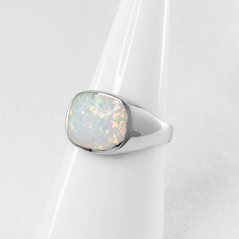 Sterling Silver Signet Ring With White Crushed Opal Inlay
