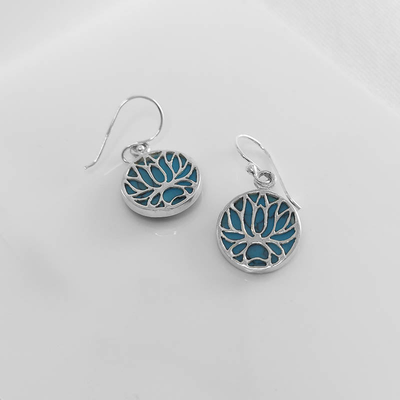 Sterling Silver Turquoise Earrings with Lotus Flower Design