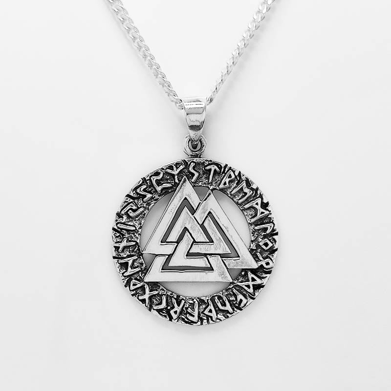 Large Valknut Pendant for men with a silver cuban chain