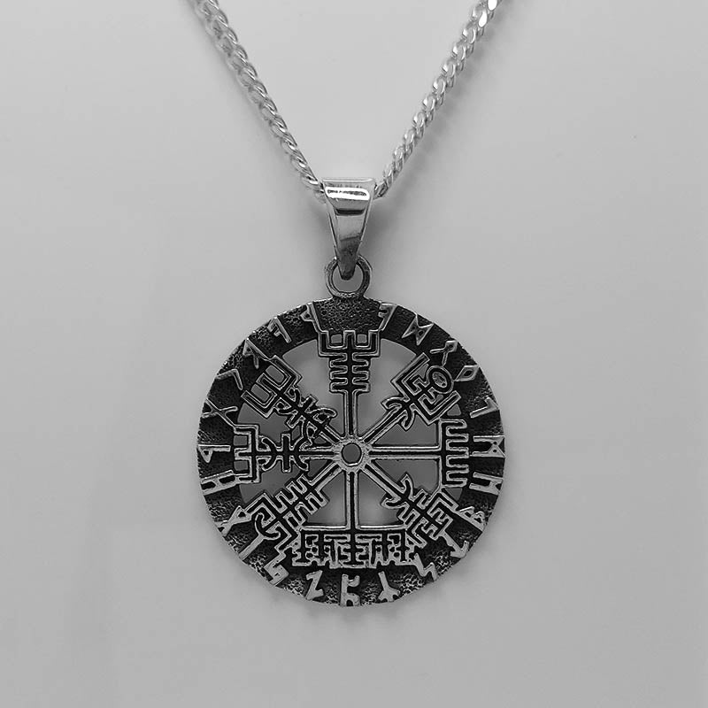 Large Sterling Silver Viking Compass Pendant with Norse Runes