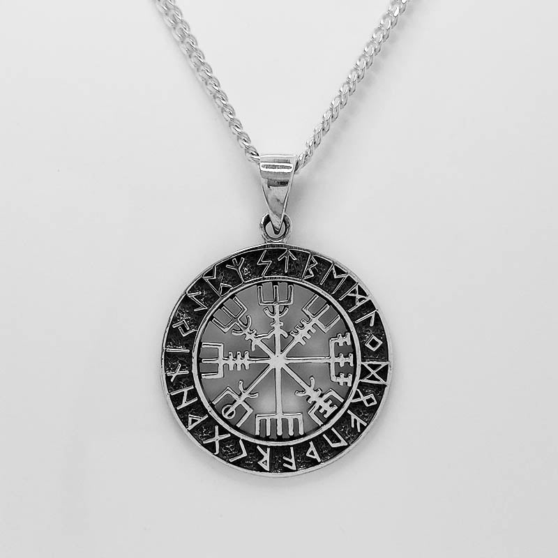 Sterling Silver Viking Compass Pendant With A Cuban Link Chain