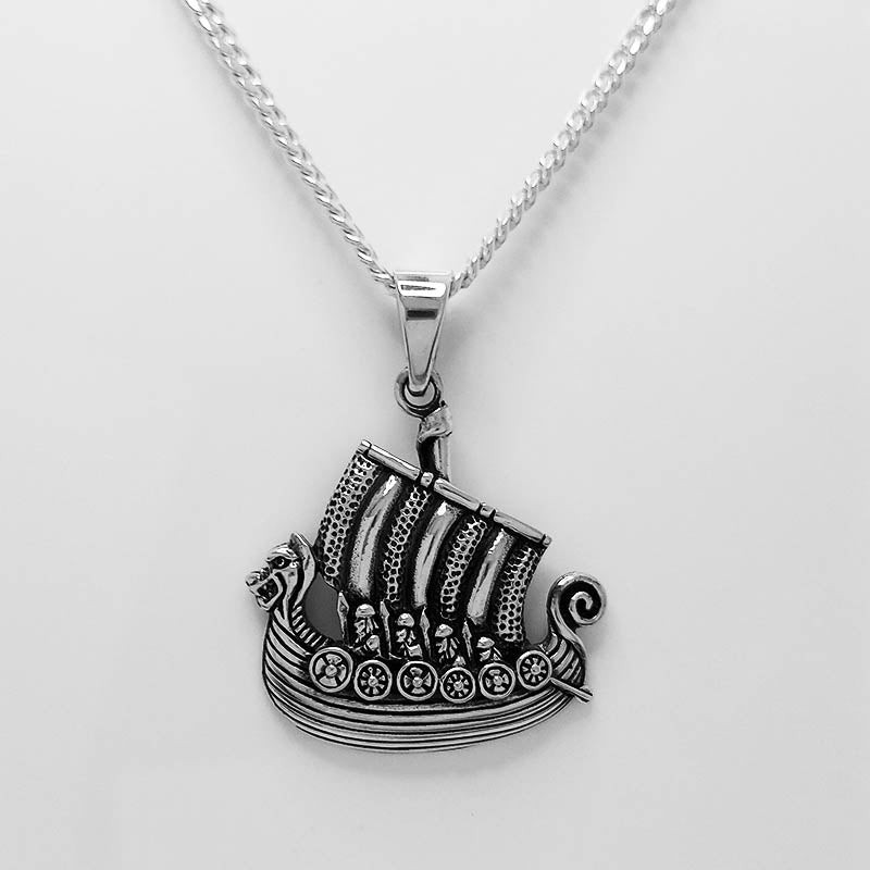Silver Viking Longship Pendant with a silver chain