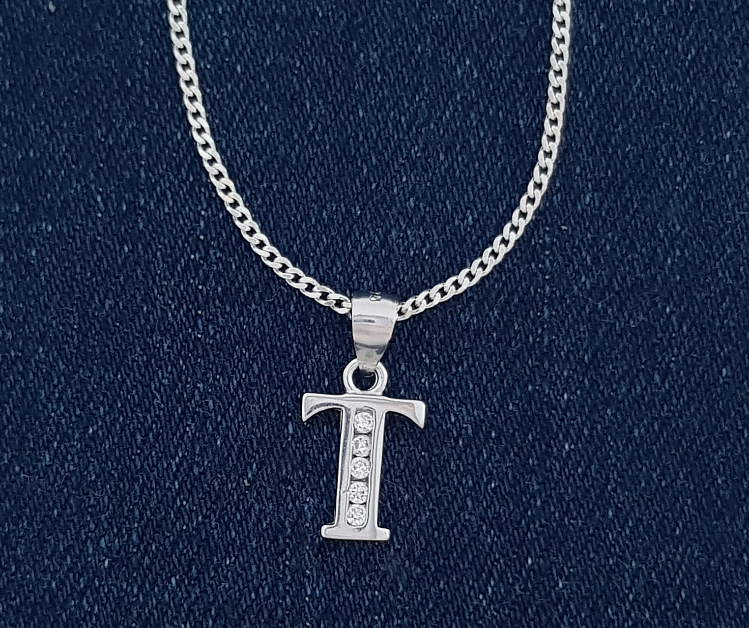 Sterling Silver Initial with Cubic Zirconia Stones- "T" Initial or Letter