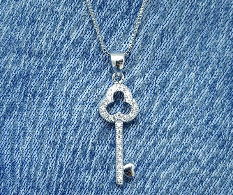 Sterling Silver Key Pendant with Cubic Zirconia Stones