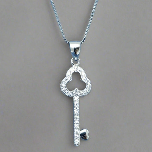 Sterling Silver Key Pendant with Cubic Zirconia Stones