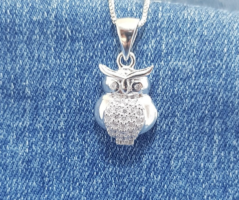 Sterling Silver Owl Pendant with Cubic Zirconia Stones