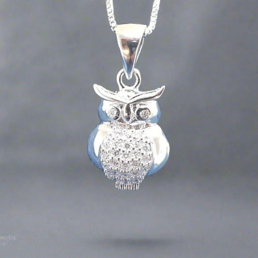 Sterling Silver Owl Pendant with Cubic Zirconia Stones